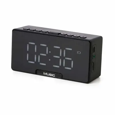 Caixa de som preta retangular com relógio despertador e multimídia - 1426293
