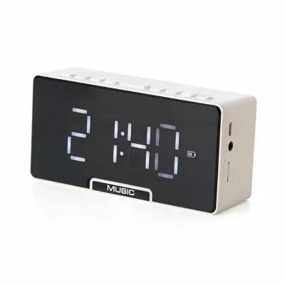 Caixa de som branca retangular com relógio despertador e multimídia - 1426292