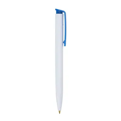 Caneta Plástica branca com clip colorido - detalhe azul - 1527615