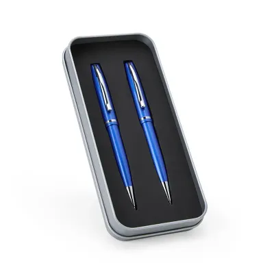 Conjunto de caneta e lapiseira metálicas azul em estojo metal
