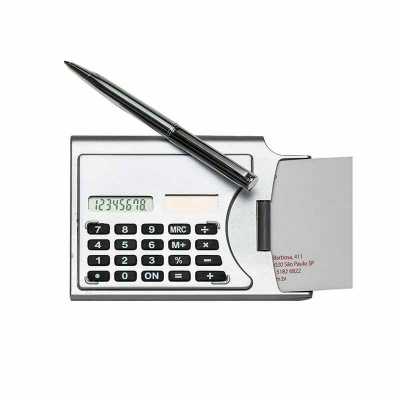 Calculadora plástica de 8 dígitos com porta-cartão e caneta.