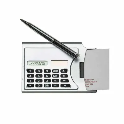 Calculadora plástica de 8 dígitos com porta-cartão e caneta. - 804979