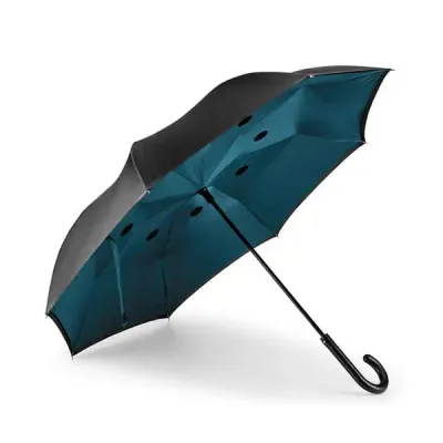 Guarda-chuva reversível com cabo em metal e varetas em fibra de vidro.