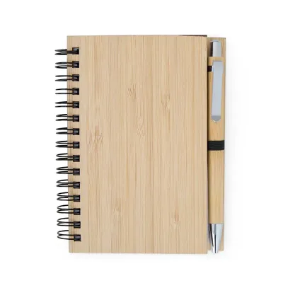 Bloco de anotações ecológico com caneta. Capa de bambu.  - 1987037
