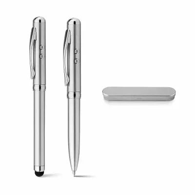 Caneta de metal com lanterna, ponteira laser e touch, acondicionada em estojo metálico