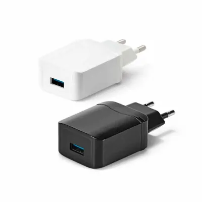Adaptador USB personalizado com carregamento rápido 3.0- branco  e preto