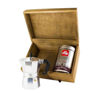Kit café e cafeteira personalizada com caixa de madeira