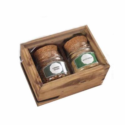 Kit tempero com 2 potes em caixa de madeira envelhecida