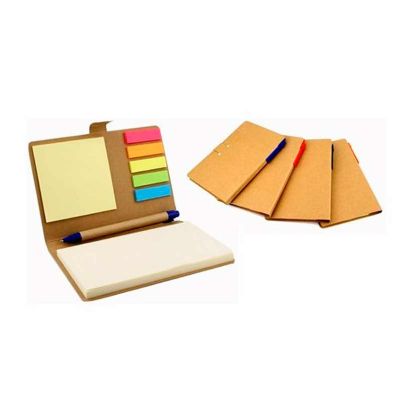 Bloco de anotação com sticky notes e caneta reciclável