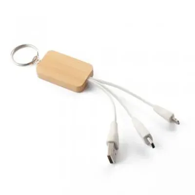 Chaveiro de capa de bambu com cabo para carregamento USB-A a lightning (Iphone) e Tipo C - 1944765