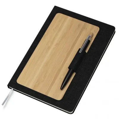 Caderno de anotações com suporte para caneta (capa feita de material reciclável e bambu) - 1880791
