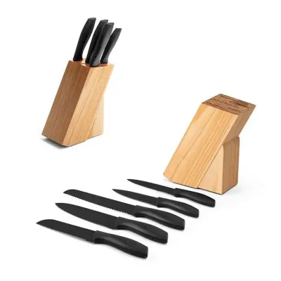 Suporte para facas em madeira de pinho. Incluso conjunto de 5 facas de cozinha: - 1642636