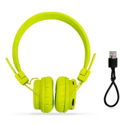 Headfone wireless colorido com haste ajustável e fones dobráveis. Acompanha cabo USB e manual de ...