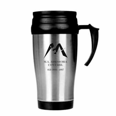Caneca inox de 400ml com pegador e detalhes em plástico 