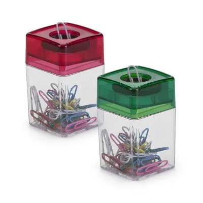 Porta-clips magnético em plástico com clips coloridos.