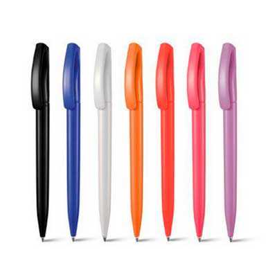 Caneta plástica na cor preto, azul, branco, laranja, rosa e lilás
