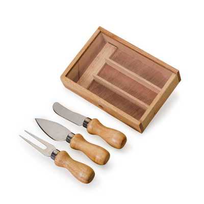 Kit queijo com 3 peças em estojo de madeira