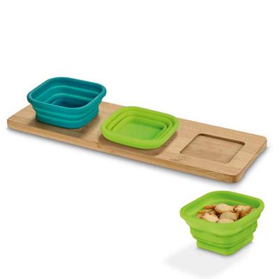 Base de mesa com 3 potes. Bambu e silicone. Incluso caixa de cartão. Potes: 87 x 87 x 50 mm | Bas...
