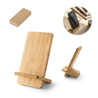 Carregador wireless em bambu com suporte para smartphones. Possui uma potência de carregamento fast charge de 10W.