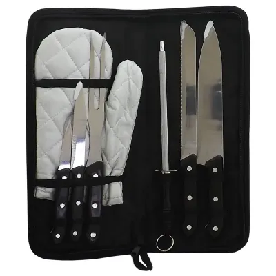 Kit churrasco 7 peças com estojo, contém: faca de legumes, faca para desossar, garfo, luva, chaira, faca de serra e faca peixeira. Estojo com alça para transporte e área interna com elástico de fixaçã