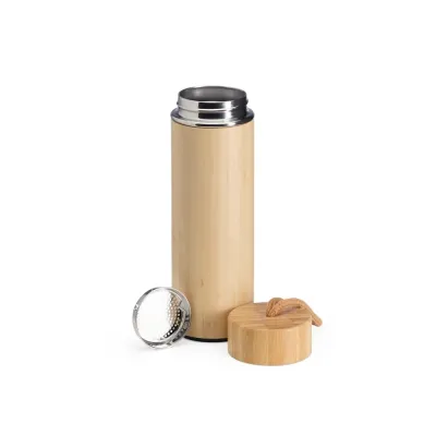 Garrafa térmica de bambu e inox 400 ml e infusor de metal