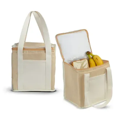 Bolsa térmica em Juta sintética e bolso em algodão. 