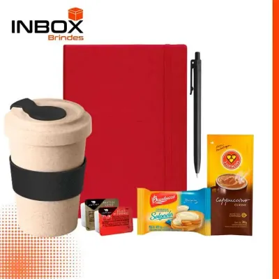 Kit Café Inbox com Caderneta, caneta, copo de viagem, sachê de capuccino, torradas, geleia e manteiga