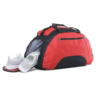 Bolsa esportiva vermelha com divisórias e bolso lateral para calçado. - 1802936
