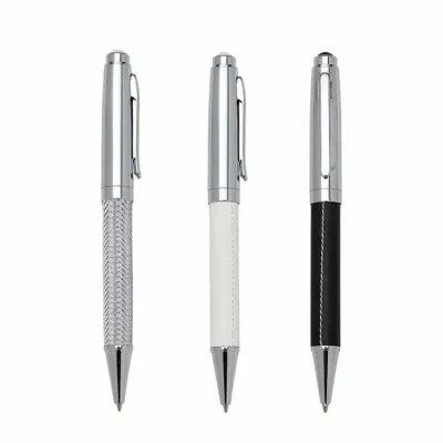 Caneta de metal prata com couro branco, couro preto ou prata texturizada