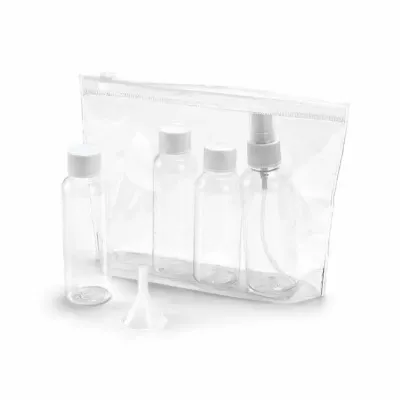 Bolsa de cosméticos hermética em PVC. Incluso 3 frascos.