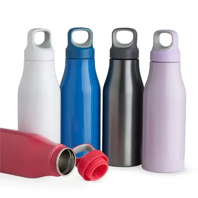  Garrafa 650ml em inox com tampa rosqueável com alça para transporte.