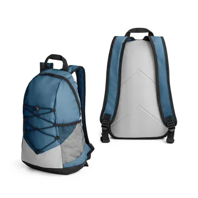 Mochila azul em 600D com bolsos laterais em tela e bolso interior