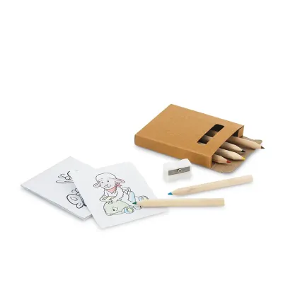 Kit para pintar com 6 mini lápis de cor, 1 apontador e 15 cartões