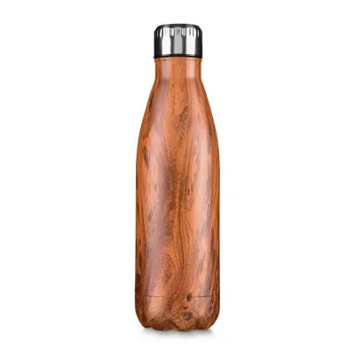 Garrafa 750ml em inox com tampa rosqueável e pintura com simulação de madeira