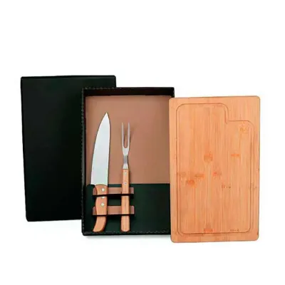 Kit Churrasco Em Bambu Com Tábua, Faca E Garfo