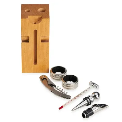 Kit vinho 6 peças em cepo de madeira