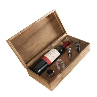 Kit vinho com taça e caixa de madeira
