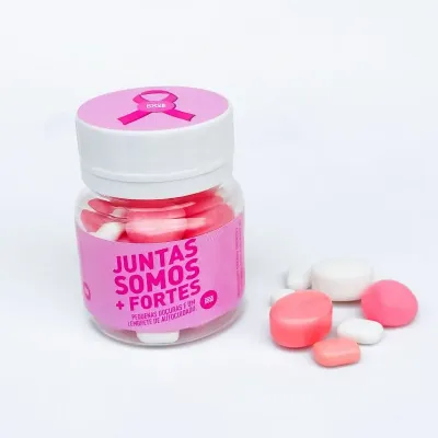 Pote com balas personalizado para Outubro Rosa, com rótulo e tampa personalizados para campanhas corporativas de conscientização