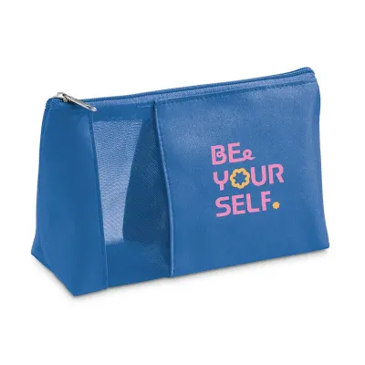 Bolsa de cosméticos azul com logo