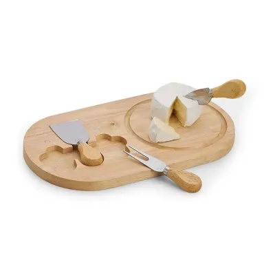 Kit queijo com tábua de bambu com canaleta, faca com ponta, garfo e espátula. - 1991735