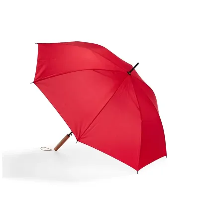 Guarda-chuva vermelho com abertura automática, estrutura em aço e 8 varetas em fibra de vidro. Possui pegador de madeira com alça de nylon e botão de acionamento - 1986920