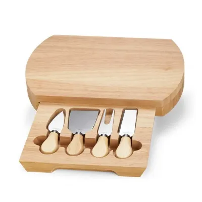 Kit queijo 5 peças, contém: tábua de bambu com gaveta para acomodação dos utensílios, faca com ponta, faca reta, garfo e espátula. - 1985152