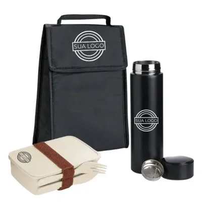 Kit com marmita, bolsa termica dobravel 2L e garrafa térmica 400ml 