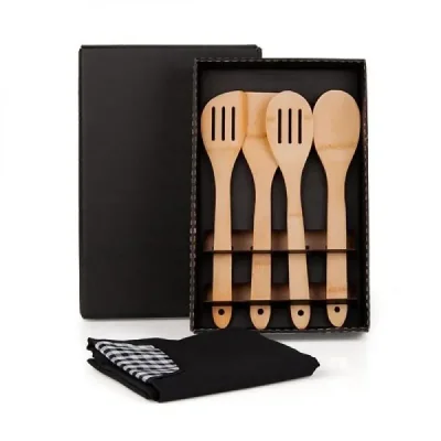 KIT UTENSÍLIOS EM BAMBU 30 CM COM AVENTAL - 5 PÇS principal