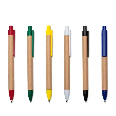 Caneta ecológica de papelão com detalhes coloridos