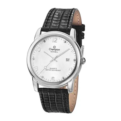 Relógio Champion com pulseira de couro, mostrador prata com calendario, prova d‘água, embalagem individual