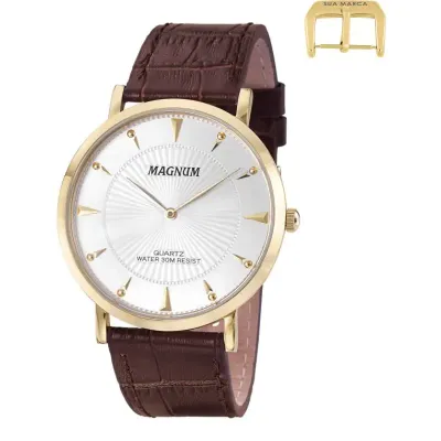 Relógio de pulso Magnum com pulseira de couro marrom com dourado