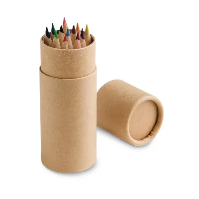Caixa cilíndrica em cartão com 12 lápis de cor para pintar